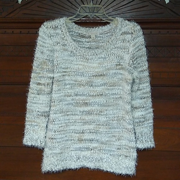 CB NATURAL COLORS, SOFT FLUFFY, EYE LASH KNIT, 3/4 BRACELET SLEEVE SWEATER - Picture 1 of 8